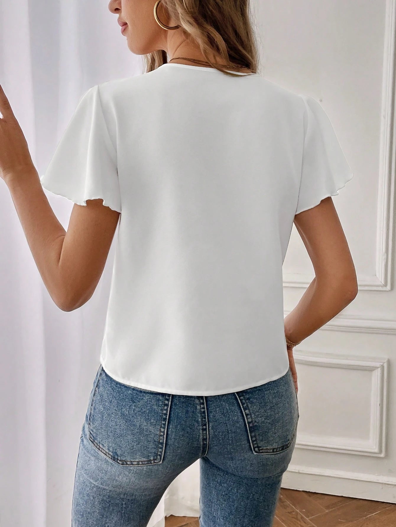 Essnce Leisure & Work Commute Women's Summer Solid Color Notch V-Neck Ruffle Short Sleeve Shirt,Short Sleeve Tops