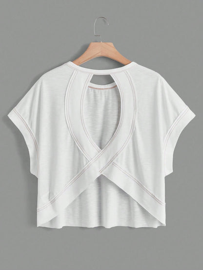 Essnce Plus Size Women's White Sommar Casual Gym Backless Short-Sleeved T-Shirt,Loose Daily Open Back Top, Concert Streetwear Y2k Fashion Tops