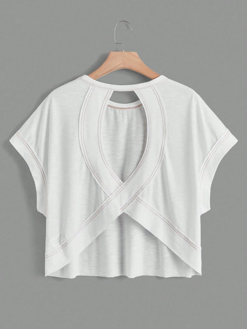 Essnce Plus Size Women's White Sommar Casual Gym Backless Short-Sleeved T-Shirt,Loose Daily Open Back Top, Concert Streetwear Y2k Fashion Tops