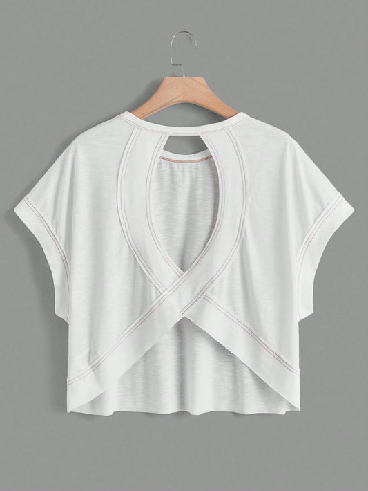 Essnce Plus Size Women's White Sommar Casual Gym Backless Short-Sleeved T-Shirt,Loose Daily Open Back Top, Concert Streetwear Y2k Fashion Tops