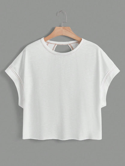 Essnce Plus Size Women's White Sommar Casual Gym Backless Short-Sleeved T-Shirt,Loose Daily Open Back Top, Concert Streetwear Y2k Fashion Tops