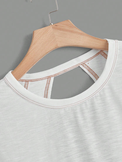 Essnce Plus Size Women's White Sommar Casual Gym Backless Short-Sleeved T-Shirt,Loose Daily Open Back Top, Concert Streetwear Y2k Fashion Tops
