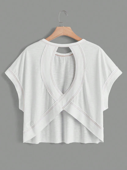 Essnce Plus Size Women's White Sommar Casual Gym Backless Short-Sleeved T-Shirt,Loose Daily Open Back Top, Concert Streetwear Y2k Fashion Tops