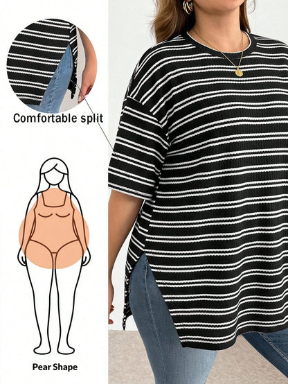 Essnce Plus Size Women Striped Colorblock Casual Versatile Daily Wear T-Shirt