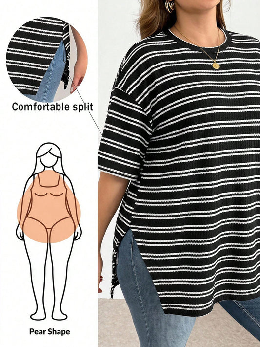 Essnce Plus Size Women Striped Colorblock Casual Versatile Daily Wear T-Shirt