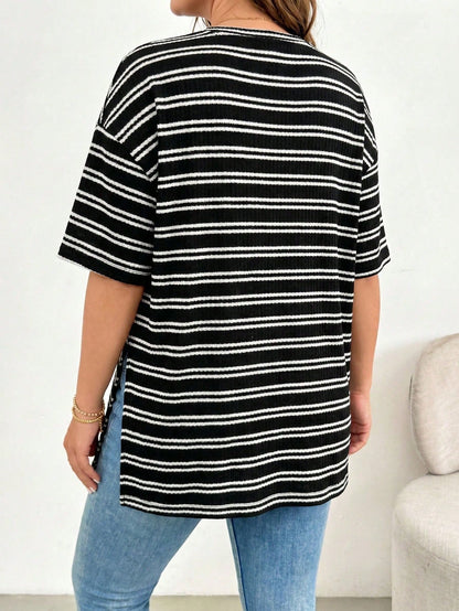 Essnce Plus Size Women Striped Colorblock Casual Versatile Daily Wear T-Shirt