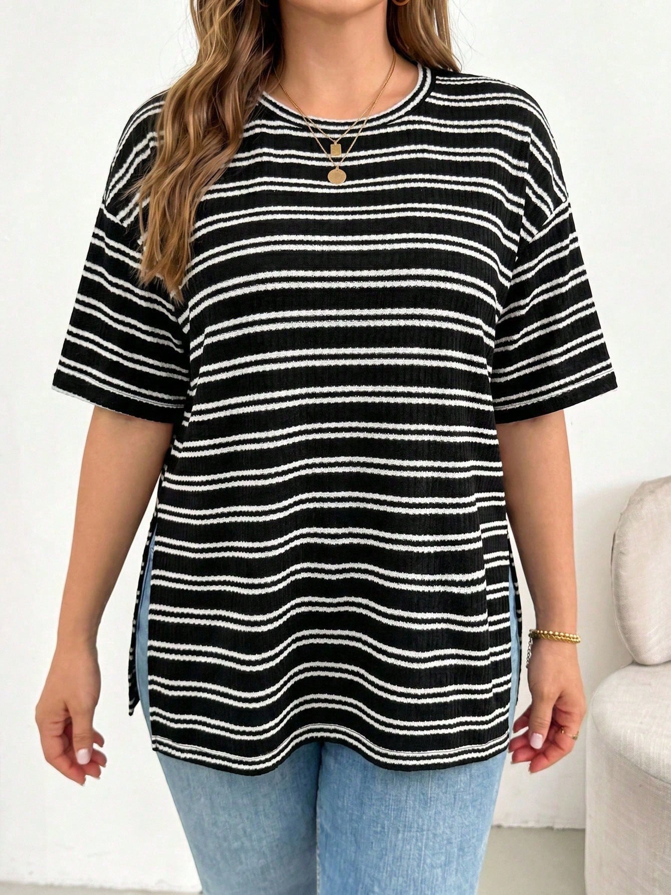 Essnce Plus Size Women Striped Colorblock Casual Versatile Daily Wear T-Shirt