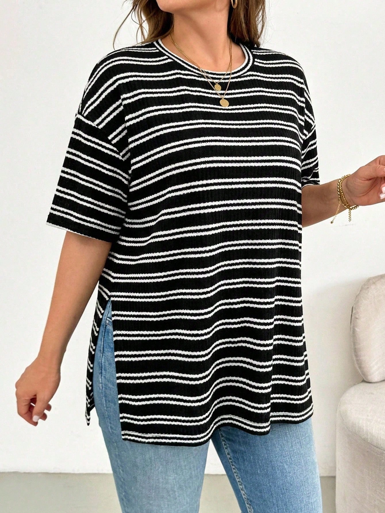 Essnce Plus Size Women Striped Colorblock Casual Versatile Daily Wear T-Shirt