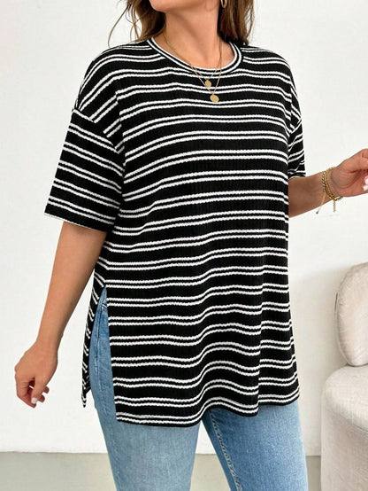 Essnce Plus Size Women Striped Colorblock Casual Versatile Daily Wear T-Shirt