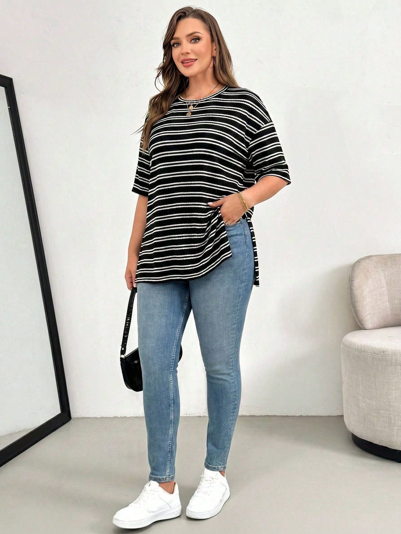 Essnce Plus Size Women Striped Colorblock Casual Versatile Daily Wear T-Shirt