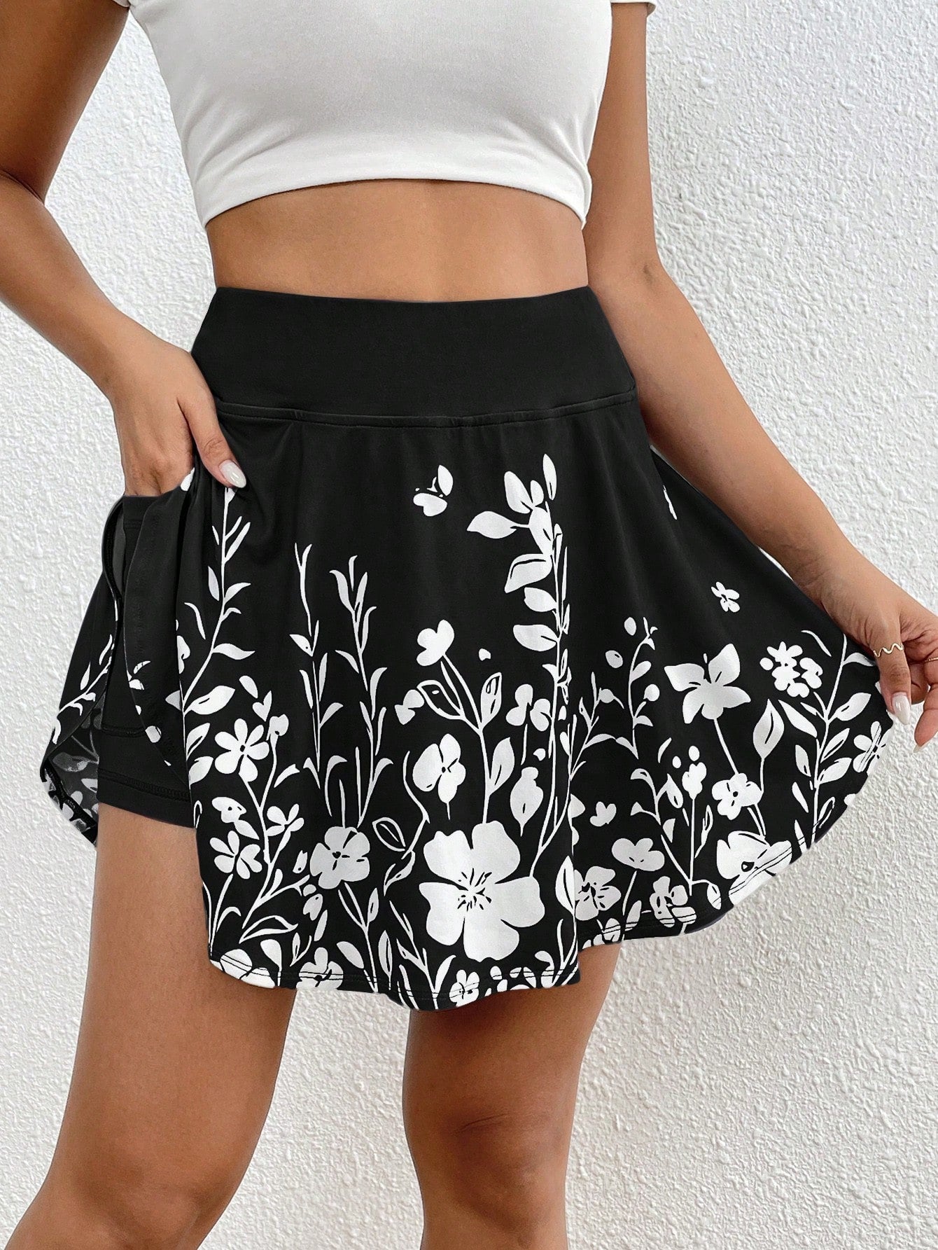 Essnce Women's Summer Casual Floral Print High Waist Skort With Phone Pocket Back To School, 4th Of July