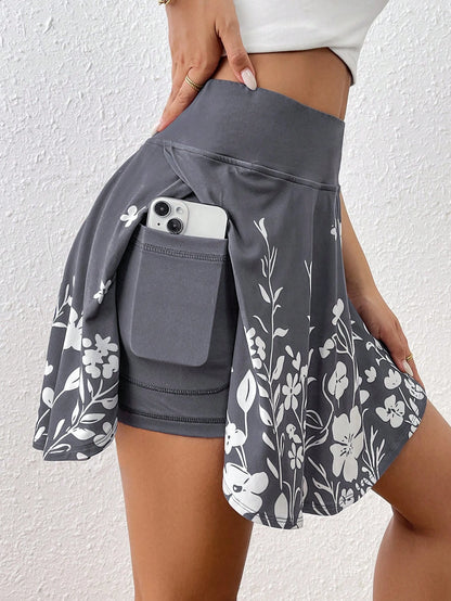 Essnce Women's Summer Casual Floral Print High Waist Skort With Phone Pocket Back To School, 4th Of July