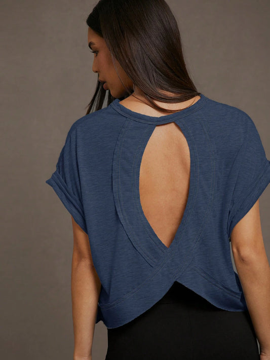 Essnce Women Solid Color Backless Short Sleeve Loose Casual T-Shirt