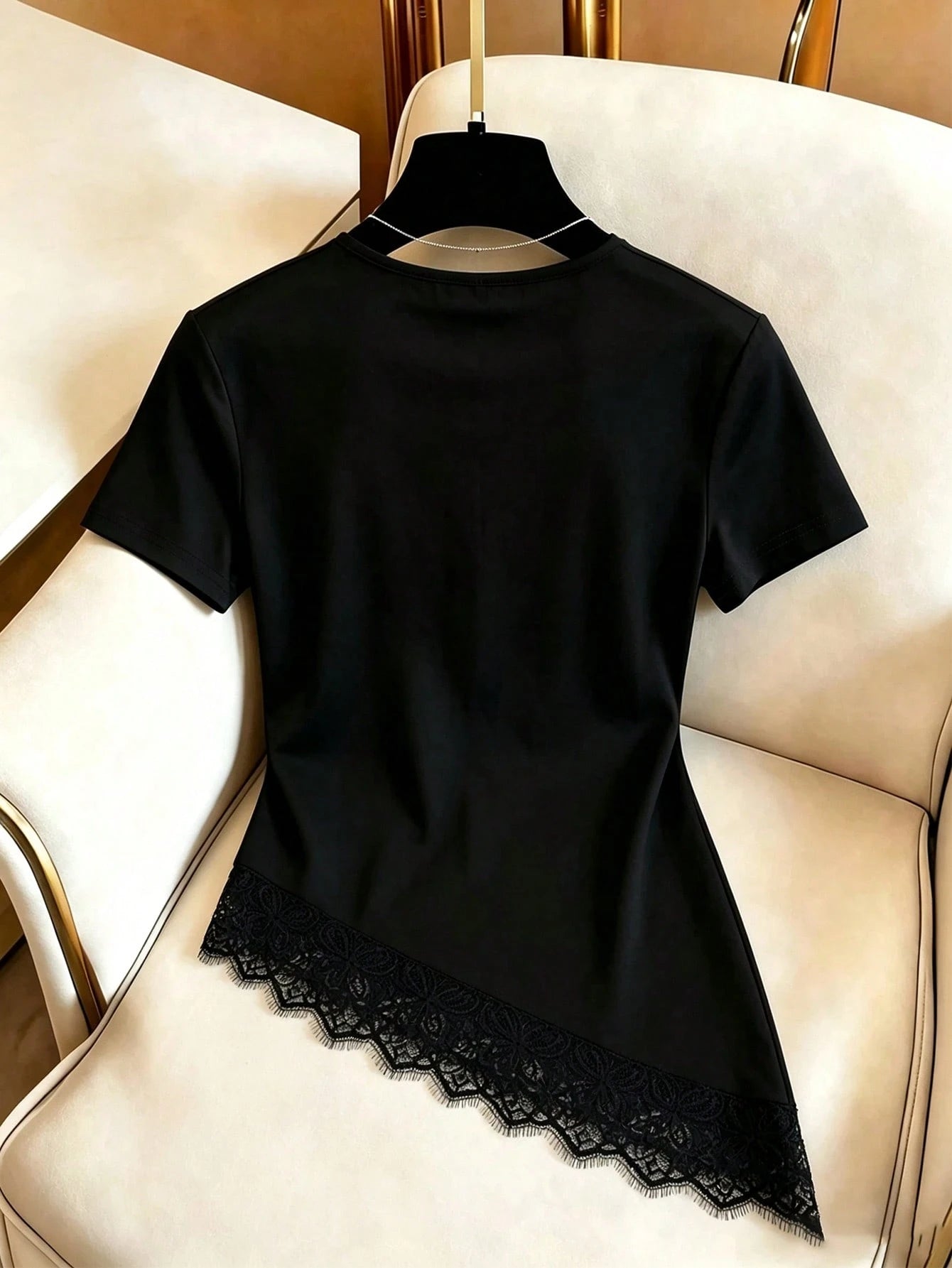 European & American New Fashion Patchwork Lace Asymmetrical Hem Elegant Round Neck Design Short Sleeve Casual Women's T-Shirt, Spring/Summer, Vacation, Outing, Y2K, Spring, Summer, Back To Schoo