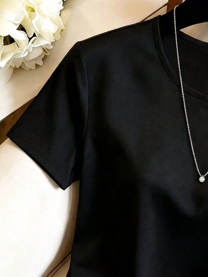 European & American New Fashion Patchwork Lace Asymmetrical Hem Elegant Round Neck Design Short Sleeve Casual Women's T-Shirt, Spring/Summer, Vacation, Outing, Y2K, Spring, Summer, Back To Schoo