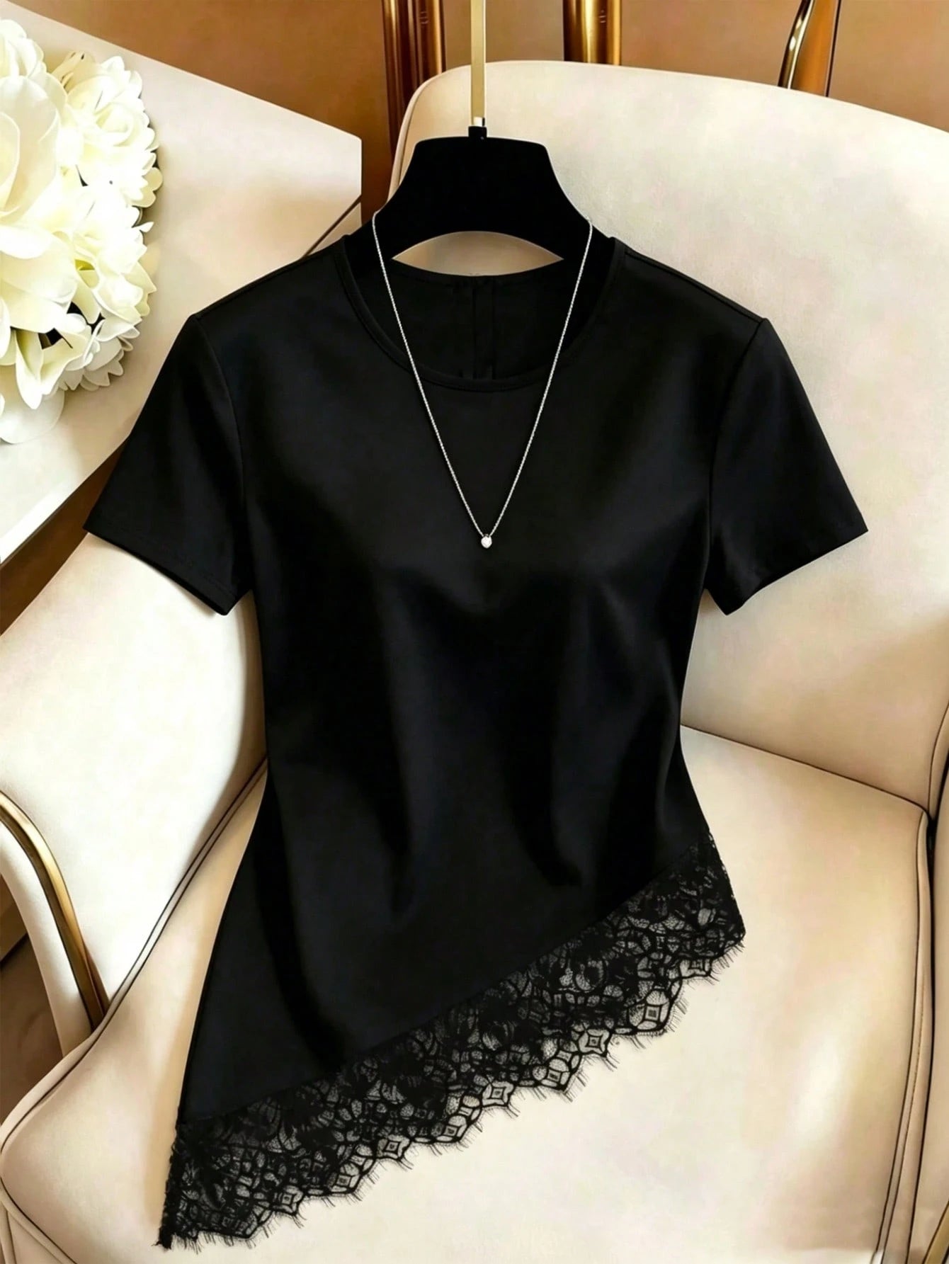 European & American New Fashion Patchwork Lace Asymmetrical Hem Elegant Round Neck Design Short Sleeve Casual Women's T-Shirt, Spring/Summer, Vacation, Outing, Y2K, Spring, Summer, Back To Schoo