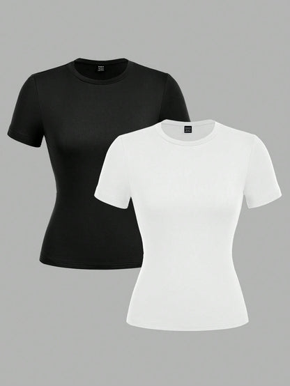 EZwear 2 Pcs Casual Basic Simple Minimalist Crew Neck Short Sleeve T-Shirts, Suitable For Spring/Summer Layering For Going Out Everyday Black White