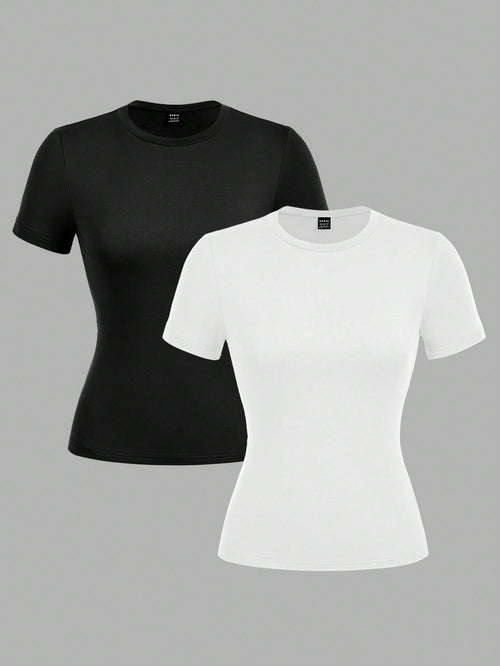 EZwear 2 Pcs Casual Basic Simple Minimalist Crew Neck Short Sleeve T-Shirts, Suitable For Spring/Summer Layering For Going Out Everyday Black White