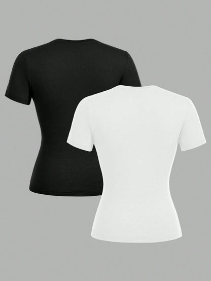 EZwear 2 Pcs Casual Basic Simple Minimalist Crew Neck Short Sleeve T-Shirts, Suitable For Spring/Summer Layering For Going Out Everyday Black White
