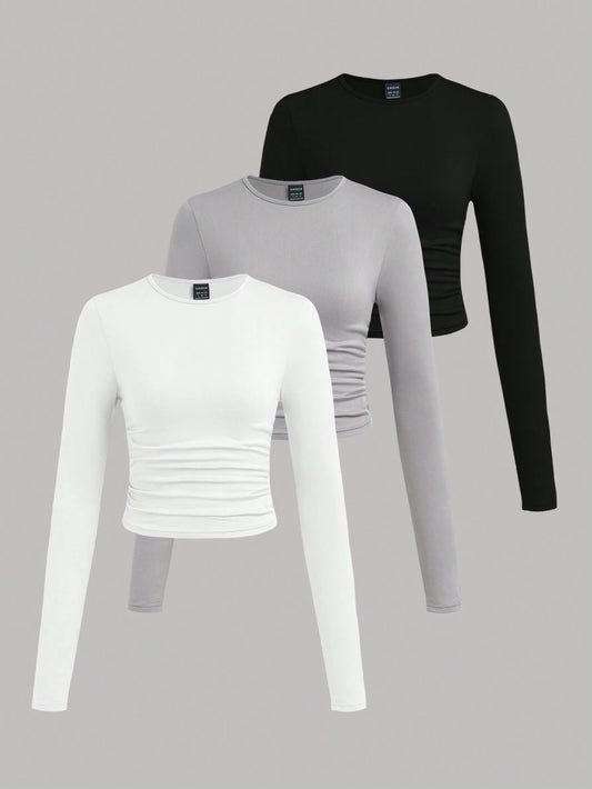 EZwear 3 Set Multi-Pack Women Versatile Casual Simple Long Sleeve T-Shirt Valentine's Day Autumn And Winter Summer Outfits Beach Everyday White Grey Black