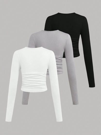 EZwear 3 Set Multi-Pack Women Versatile Casual Simple Long Sleeve T-Shirt Valentine's Day Autumn And Winter Summer Outfits Beach Everyday White Grey Black