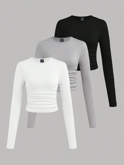 EZwear 3 Set Multi-Pack Women Versatile Casual Simple Long Sleeve T-Shirt Valentine's Day Autumn And Winter Summer Outfits Beach Everyday White Grey Black