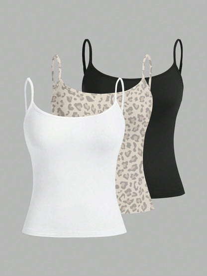 EZwear 3pcs Casual Minimalist Black & White Leopard Print Pattern Tight Fitting Camisole Set, Versatile Style Suitable For Summer,Summer Top