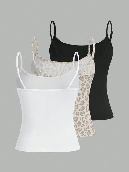 EZwear 3pcs Casual Minimalist Black & White Leopard Print Pattern Tight Fitting Camisole Set, Versatile Style Suitable For Summer,Summer Top