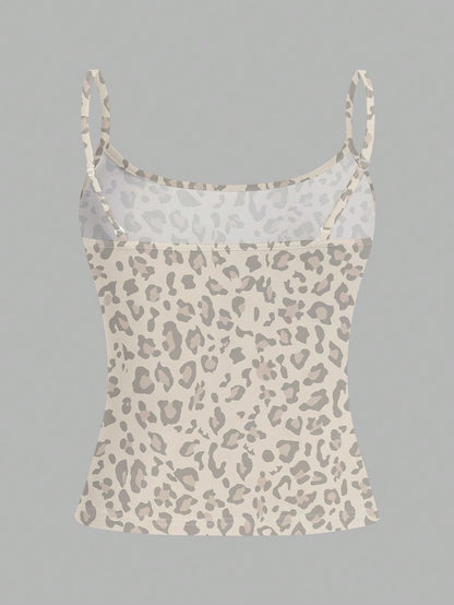 EZwear 3pcs Casual Minimalist Black & White Leopard Print Pattern Tight Fitting Camisole Set, Versatile Style Suitable For Summer,Summer Top