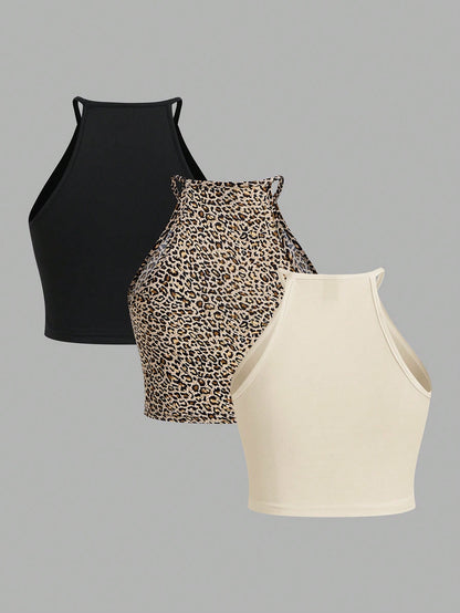 EZwear 3pcs Leopard Print Casual Tank Tops For Women, Suitable Summer Multi Pack Women's Crop Animal Cheetah Top