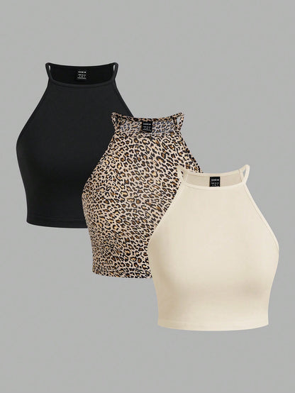 EZwear 3pcs Leopard Print Casual Tank Tops For Women, Suitable Summer Multi Pack Women's Crop Animal Cheetah Top