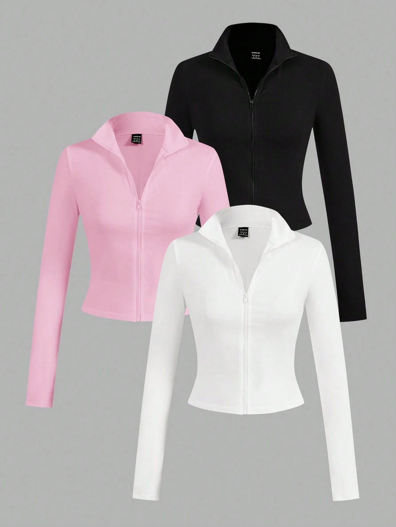 EZwear 3pcs/Set Casual Minimalist White, Black, Pink Knit Zip-Up Long Sleeve T-Shirts For Women Carnival, Summer Outfits, Beach Holiday