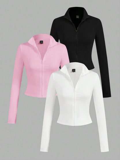 EZwear 3pcs/Set Casual Minimalist White, Black, Pink Knit Zip-Up Long Sleeve T-Shirts For Women Carnival, Summer Outfits, Beach Holiday