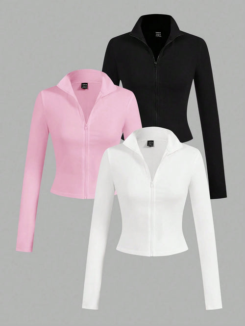 EZwear 3pcs/Set Casual Minimalist White, Black, Pink Knit Zip-Up Long Sleeve T-Shirts For Women Carnival, Summer Outfits, Beach Holiday