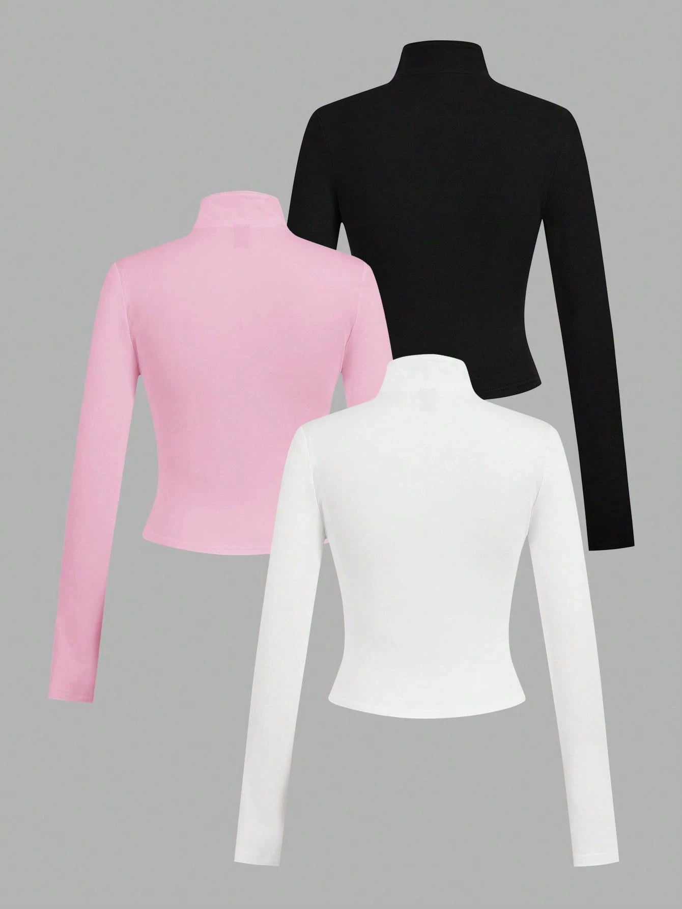 EZwear 3pcs/Set Casual Minimalist White, Black, Pink Knit Zip-Up Long Sleeve T-Shirts For Women Carnival, Summer Outfits, Beach Holiday