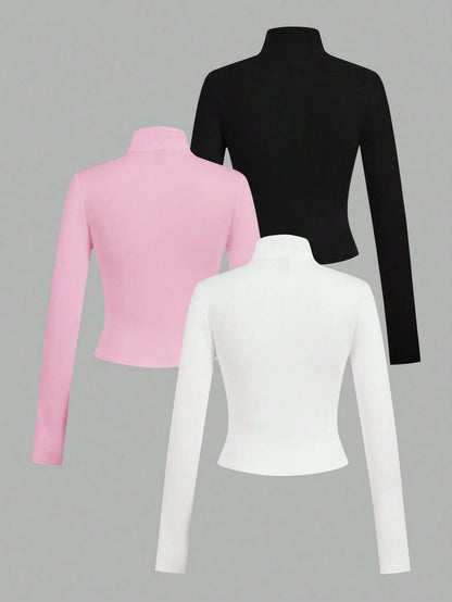 EZwear 3pcs/Set Casual Minimalist White, Black, Pink Knit Zip-Up Long Sleeve T-Shirts For Women Carnival, Summer Outfits, Beach Holiday