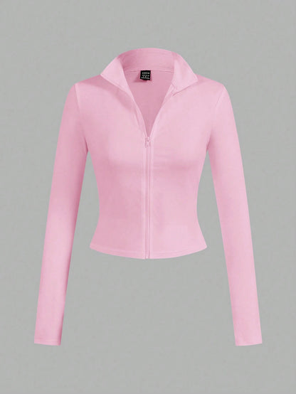 EZwear 3pcs/Set Casual Minimalist White, Black, Pink Knit Zip-Up Long Sleeve T-Shirts For Women Carnival, Summer Outfits, Beach Holiday