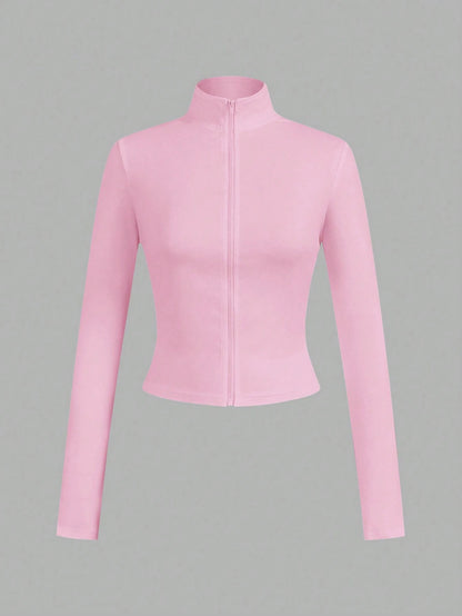 EZwear 3pcs/Set Casual Minimalist White, Black, Pink Knit Zip-Up Long Sleeve T-Shirts For Women Carnival, Summer Outfits, Beach Holiday