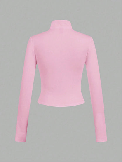 EZwear 3pcs/Set Casual Minimalist White, Black, Pink Knit Zip-Up Long Sleeve T-Shirts For Women Carnival, Summer Outfits, Beach Holiday