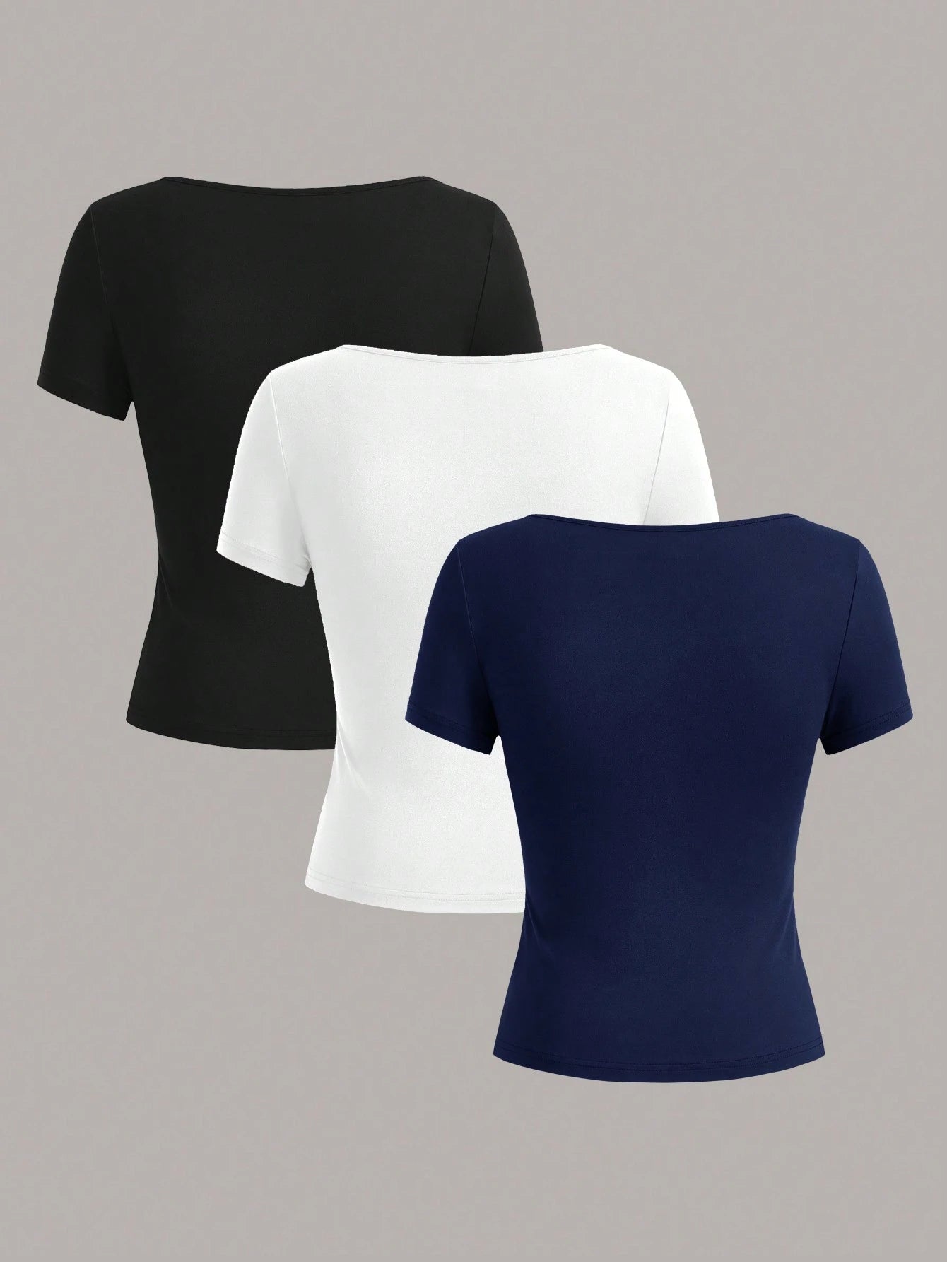 EZwear 3pcs Square Neck Short Sleeve Cropped Casual Solid Color Versatile Fitted Women T-Shirt, All-Match Style, Suitable For Summer Suitable For Going Out