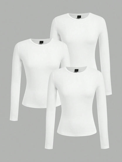 EZwear 3pcs Women Crew Neck Casual Fitted Long Sleeve T-Shirt Set, Suitable For Autumn/Winter,White Shirt