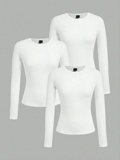 EZwear 3pcs Women Crew Neck Casual Fitted Long Sleeve T-Shirt Set, Suitable For Autumn/Winter,White Shirt