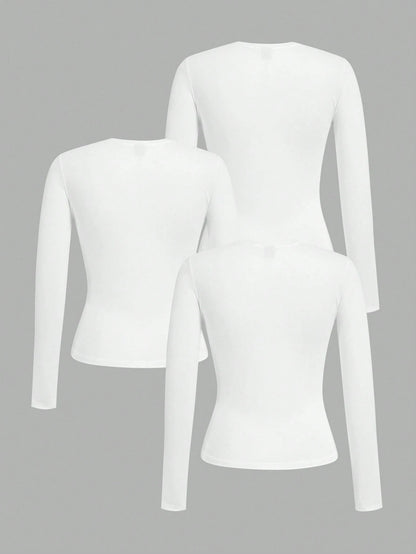 EZwear 3pcs Women Crew Neck Casual Fitted Long Sleeve T-Shirt Set, Suitable For Autumn/Winter,White Shirt