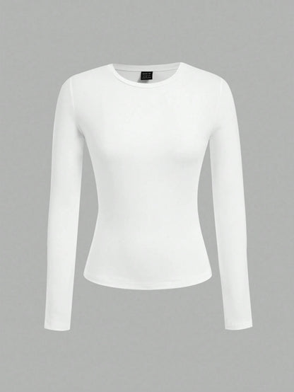 EZwear 3pcs Women Crew Neck Casual Fitted Long Sleeve T-Shirt Set, Suitable For Autumn/Winter,White Shirt