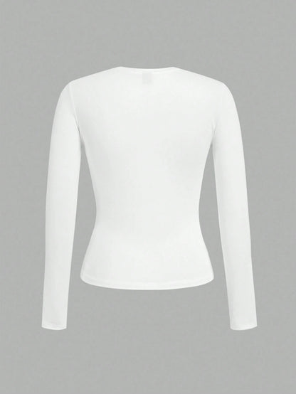 EZwear 3pcs Women Crew Neck Casual Fitted Long Sleeve T-Shirt Set, Suitable For Autumn/Winter,White Shirt