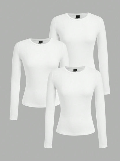 EZwear 3pcs Women Crew Neck Casual Fitted Long Sleeve T-Shirt Set, Suitable For Autumn/Winter,White Shirt