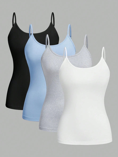 EZwear 4pcs Casual Minimalist Versatile Camisole Tops, Suitable For Summer, Slim Fit For Women