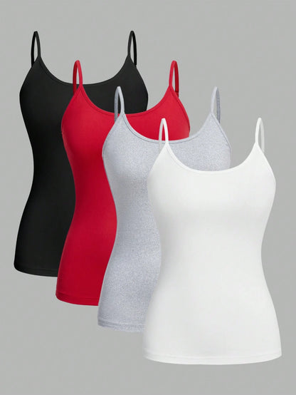 EZwear 4pcs Casual Minimalist Versatile Camisole Tops, Suitable For Summer, Slim Fit For Women