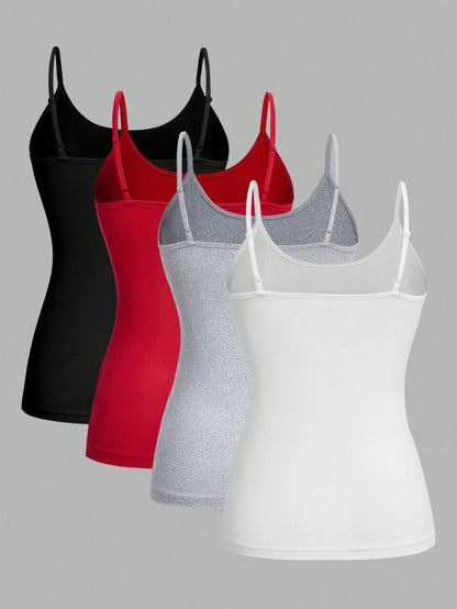 EZwear 4pcs Casual Minimalist Versatile Camisole Tops, Suitable For Summer, Slim Fit For Women