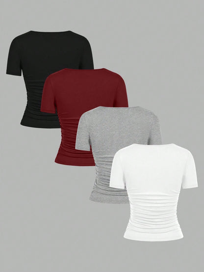 EZwear 4pcs/Set Black, Burgundy, Gray, White Casual Minimalist Solid Color Comfortable Crew Neck Short Sleeve T-Shirts For Women, Suitable For Spring/Summer